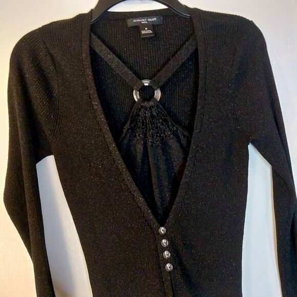 August Silk Knits TopBlack  V-Neck Pullover Women's Medium, sparkle /#3150 - Picture 4 of 4